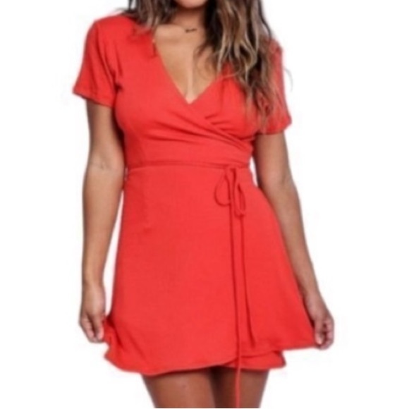 NWT! Skatie Orange Gwen Rib Knit Wrap Mini Dress M V-Neck - Picture 1 of 9